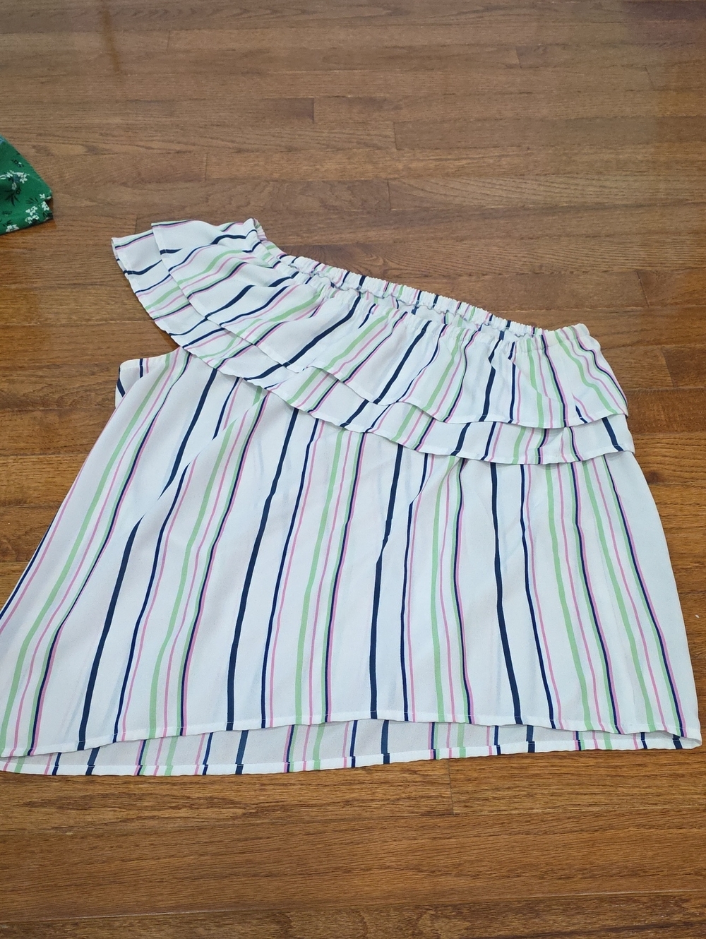 Women off the should Striped Ruffle Top - White with Navy, Green & Pink Stripes